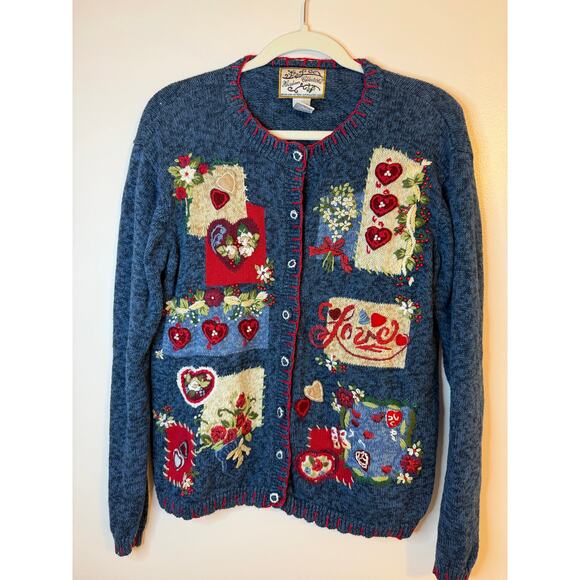 Vintage Heirloom Collectables Y2K Hearts Love Valentines Button Sweater Medium - Picture 1 of 9
